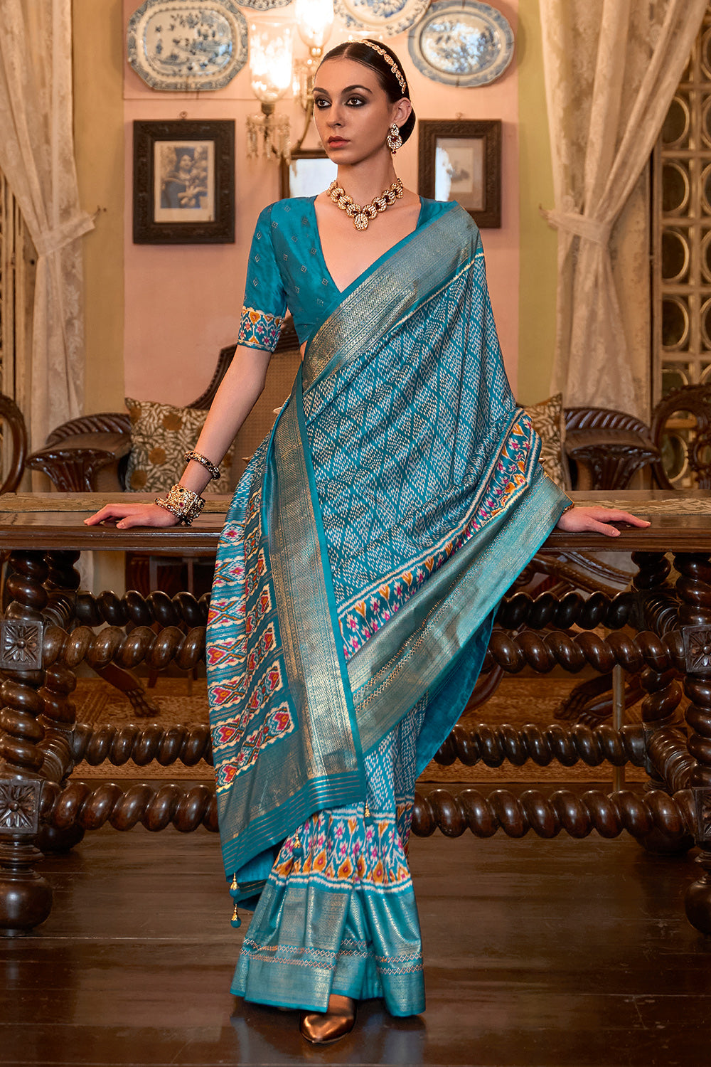 Powder Blue color designer dola silk saree with contrast blouse – TYAAR  INDIA
